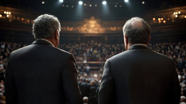 Back view of two formally dressed men addressing a vast crowd in a dimly lit auditorium under bright stage lights