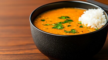 Hearty lentil soup with a side of steamed white rice in a black bowl