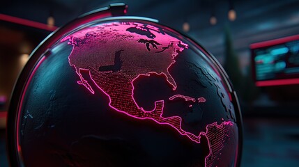 Dark digital globe featuring glowing pink outlines of North and Central American landmasses Futuristic technological concept