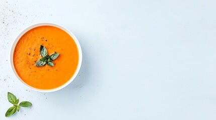 Vibrant orange soup garnished with fresh basil and black pepper