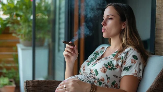 Pregnant woman smoking cigarette, controversial lifestyle concept.