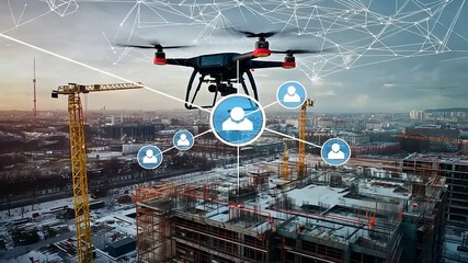 A drone surveying a construction site with digital connections, showcasing modern technology in urban development - Powered by Adobe