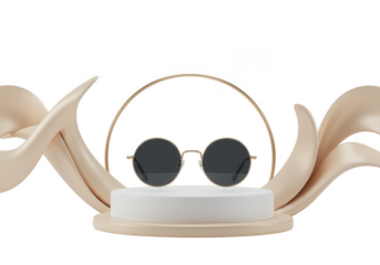 Stylish round sunglasses displayed on a white podium with flowing fabric and a gold arch isolated on transparent background