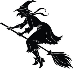 Silhouetted Witch Flying on a Broomstick Illustration for Halloween with a Pointed Hat and Flowing Dress, a Spooky and Magical Image