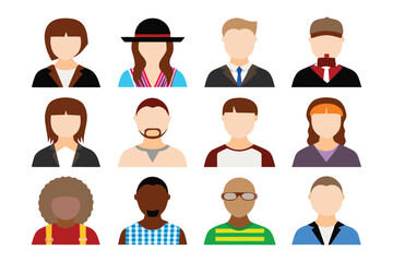 Diverse Avatar Collection: A collection of stylized portraits featuring a wide range of individuals, representing diversity, culture, and individuality. Designed for various applications.