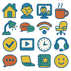 Colorful icons depicting work from home, communication, and productivity tools.