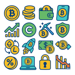 Colorful vector illustration featuring various cryptocurrency icons and symbols, representing digital finance.