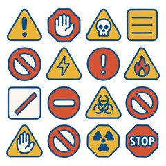 Collection of sixteen different hazard warning signs, each with a unique symbol, in a grid pattern.