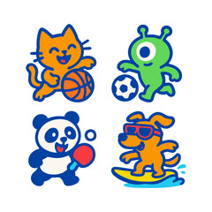 Cartoon animals playing various sports and activities, including basketball, soccer, ping pong, and surfing.