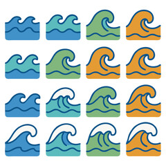 A collection of stylized, colorful wave illustrations, showcasing different shapes.