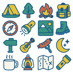 Camping icons: tent, tree, campfire, backpack, compass, flashlight, mountain, boot, sign, guitar, sausage, moon, mug, lantern, map, flashlight.