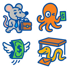 Cartoon animals in business-related settings, including a mouse with briefcase, octopus with money, flying money, and snake with envelope.