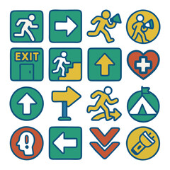 A collection of safety and directional icons depicting evacuation, first aid, and wayfinding symbols.