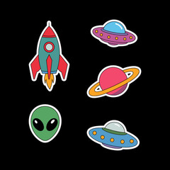 Fun Space and Extraterrestrial Adventure Sticker Set: Adorable Cartoon Illustrations of Rockets, UFOs, Planets, and Aliens for Sci-Fi Themes
