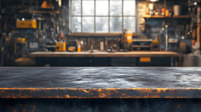 Blank rough metal workshop and desk table surface on blurred garage background with copy space, Empty space for your products and crafty idea in man cave studio. - Powered by Adobe
