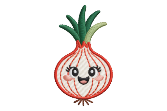 Happy embroidered onion with green sprouts vegetable