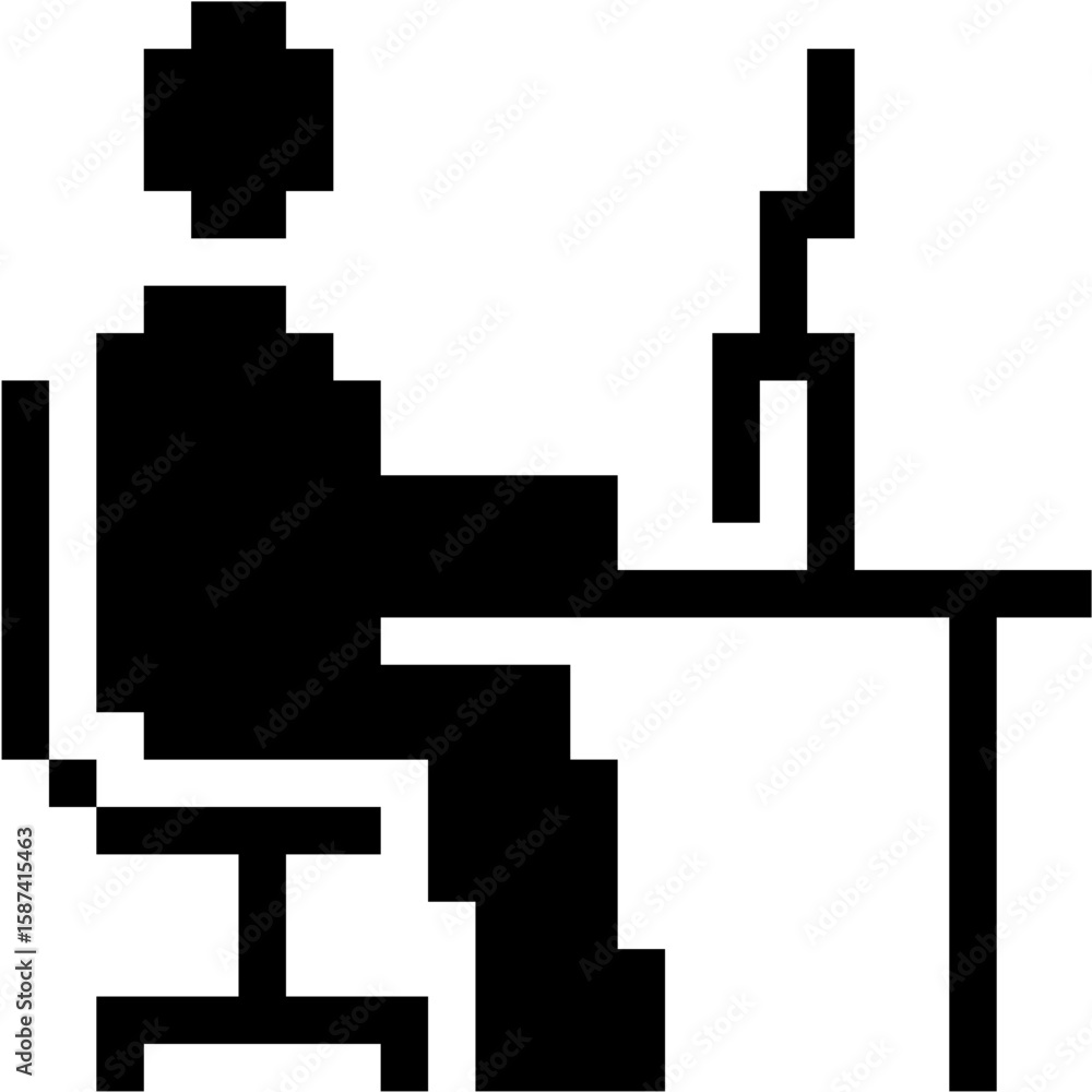 Poster pixel working person on computer icon vector, illustrating digital tasks and productivity in an 8-bi