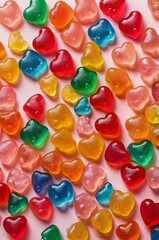 Top-down view of colorful gummy bear candies arranged in the shape of a heart on a clean pastel background, vibrant and playful colors, cheerful mood, Generative Ai
