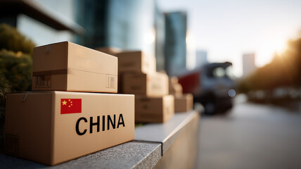 Cardboard shipping boxes with the word 'CHINA' and the Chinese flag, stacked outdoors with modern buildings and a blurred vehicle in the background.