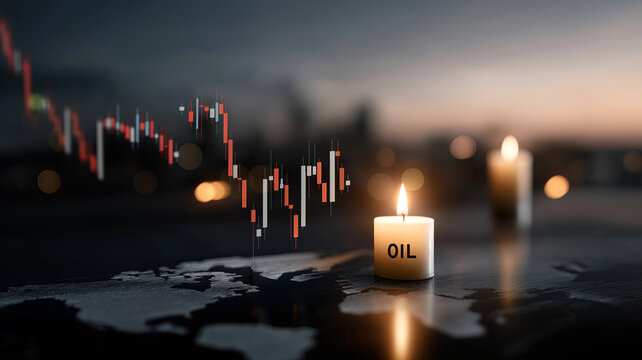 A financial chart showing falling oil prices is partially obscured by two lit candles on a surface with a world map pattern and blurred city lights in the background.