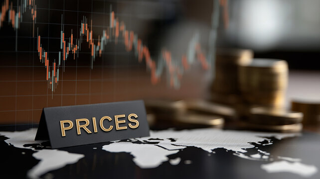 A global financial chart showing falling stock prices, with a 'PRICES' sign and blurred stacks of coins on a world map. - Powered by Adobe