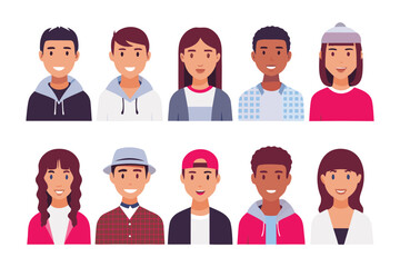 Diverse Faces: A collection of illustrated portraits featuring a variety of ethnicities, each showcasing unique hair, facial features, and expressive smiles.