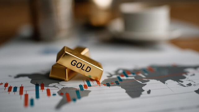 Two gold bars with the word 'GOLD' on them, resting on a world map financial chart showing stock price fluctuations.