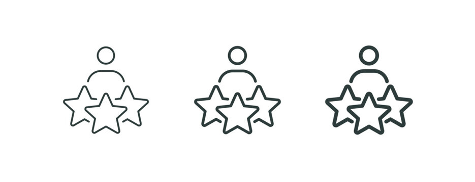Outline icon talent acquisition, employee award, customer satisfaction, success. Line sign three stars above man with his hands raised. Vector isolated pictograms on white background editable stroke.