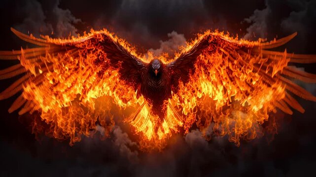 Majestic phoenix rises from flames, embodying rebirth and transformation in stunning display of fiery colors against dark, smoky background