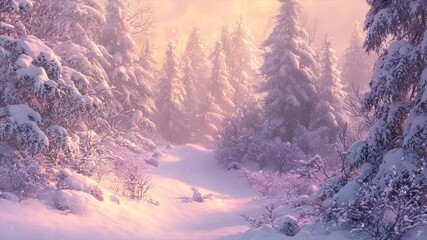 Serene snow-covered forest path at sunrise - Powered by Adobe