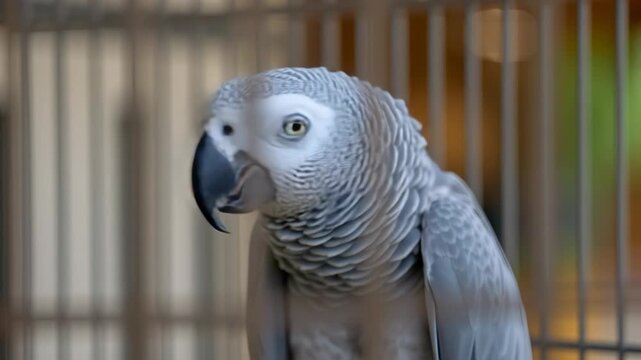 An african grey parrot with intelligent eyes looks out from its cage