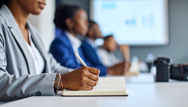 Business professionals attending photography seminar, shallow depth of field.