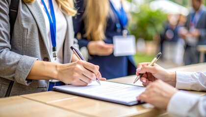 Two women signing documents at a media event registration desk, close-up hands.