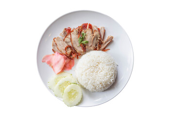 Roasted Duck with Rice and Cucumber: A delectable plate showcases perfectly roasted duck slices,...