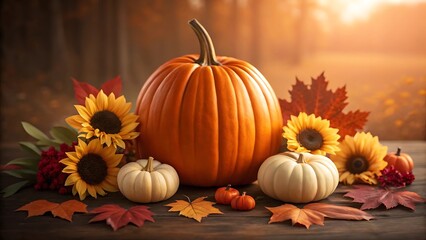 Autumn Harvest:  Large Orange Pumpkin with Sunflowers, White Pumpkins, and Fall Leaves on Rustic Wood.