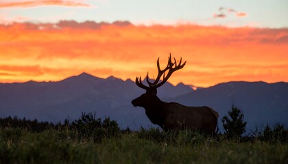 Silhouette of elk at sunset over mountains