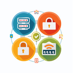 Minimalist flat vector icon pack of network security tools: VPN, encrypted connection, secure socket layer (SSL), firewall, and two-factor authentication