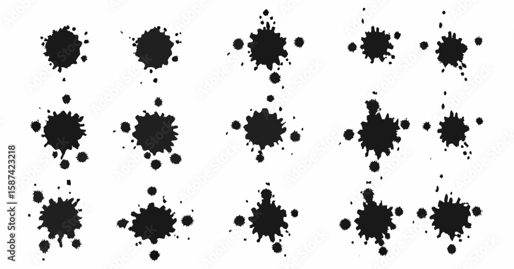 Poster vector collection of fifteen black ink splatters arranged in a grid pattern on a white background sh