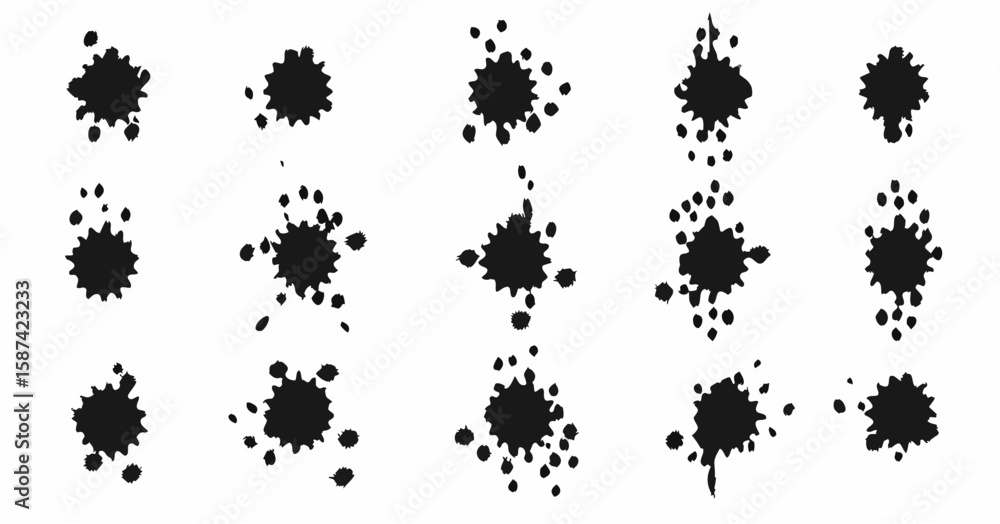 Poster vector collection of fifteen black ink splatter designs arranged in a grid pattern on a white backgr