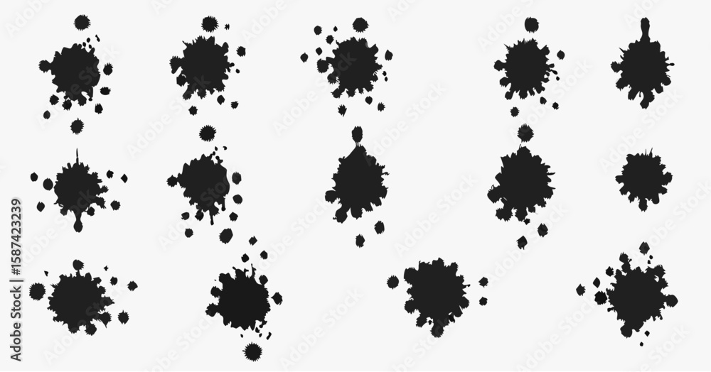 Poster vector collection of ink blotches and splatters arranged in a grid pattern on a white background, ar