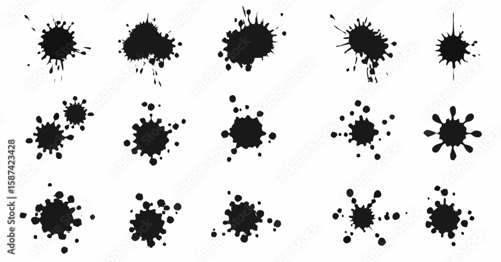 Poster vector collection of fifteen ink splatters and blots in various shapes and sizes on a white backgrou