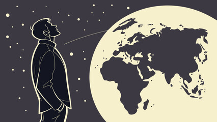 Man in suit looking at world map in space with stars and dark background in vector illustration