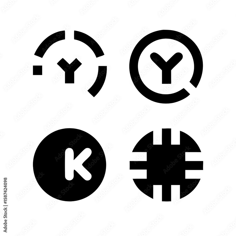 Poster illustration of abstract circular icons with letters y and k isolated on transparent background