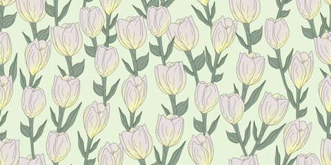 Exotic hand drawn white rose flowers, seamless patterns with floral for fabric, textiles, clothing, wrapping paper, cover, banner, home decor, abstract backgrounds. Vector illustration.