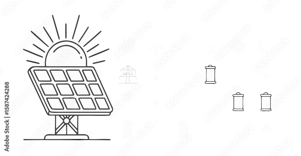 Poster vector illustration of a solar panel with sun rays and three batteries with a power line in the back