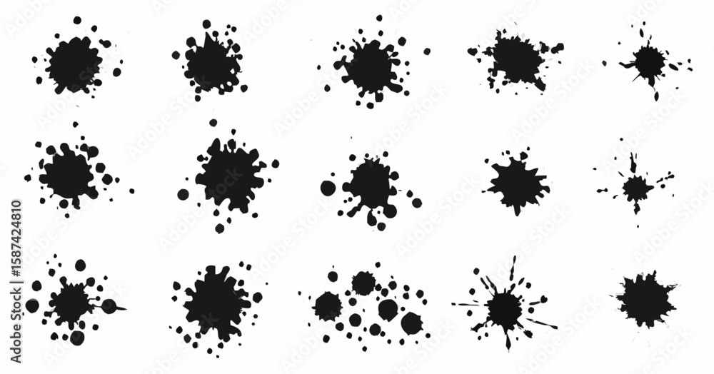 Poster vector collection of fifteen black ink splatters and blots arranged on a white background in a grid 