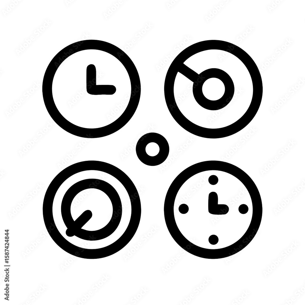 Poster illustration of four abstract clock icons representing time and measurement isolated on transparent 