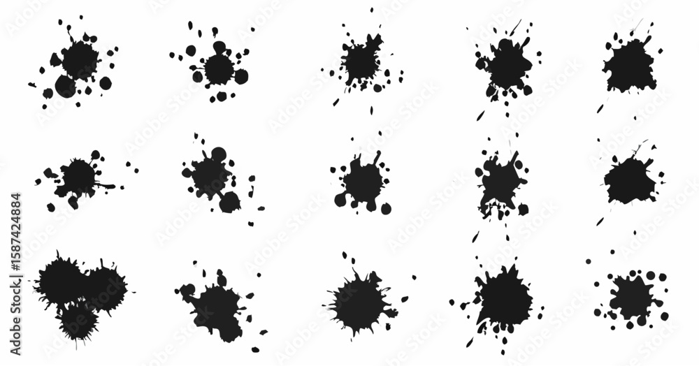 Poster vector illustration of various black ink splatters and blots scattered across a white background des