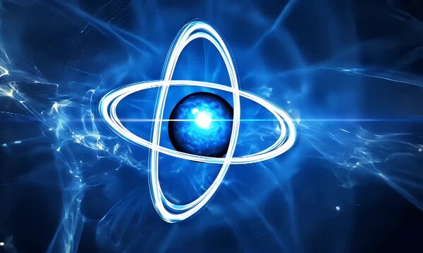 Dynamic Blue Abstract Representation of an Atom Radiating Energy in a Futuristic Environment