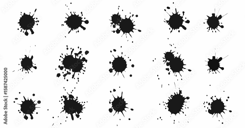 Poster vector collection of black ink splatters and blots on a white background creating an artistic messy 